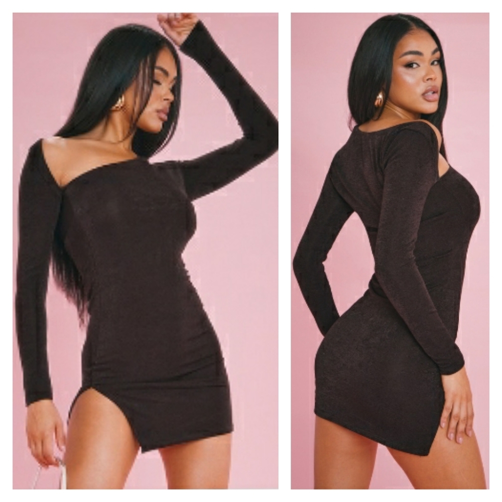 PRETTY LITTLE THING Shimmer Chocolate Slinky Asymmetrical Mini Dress NWT 2 XS